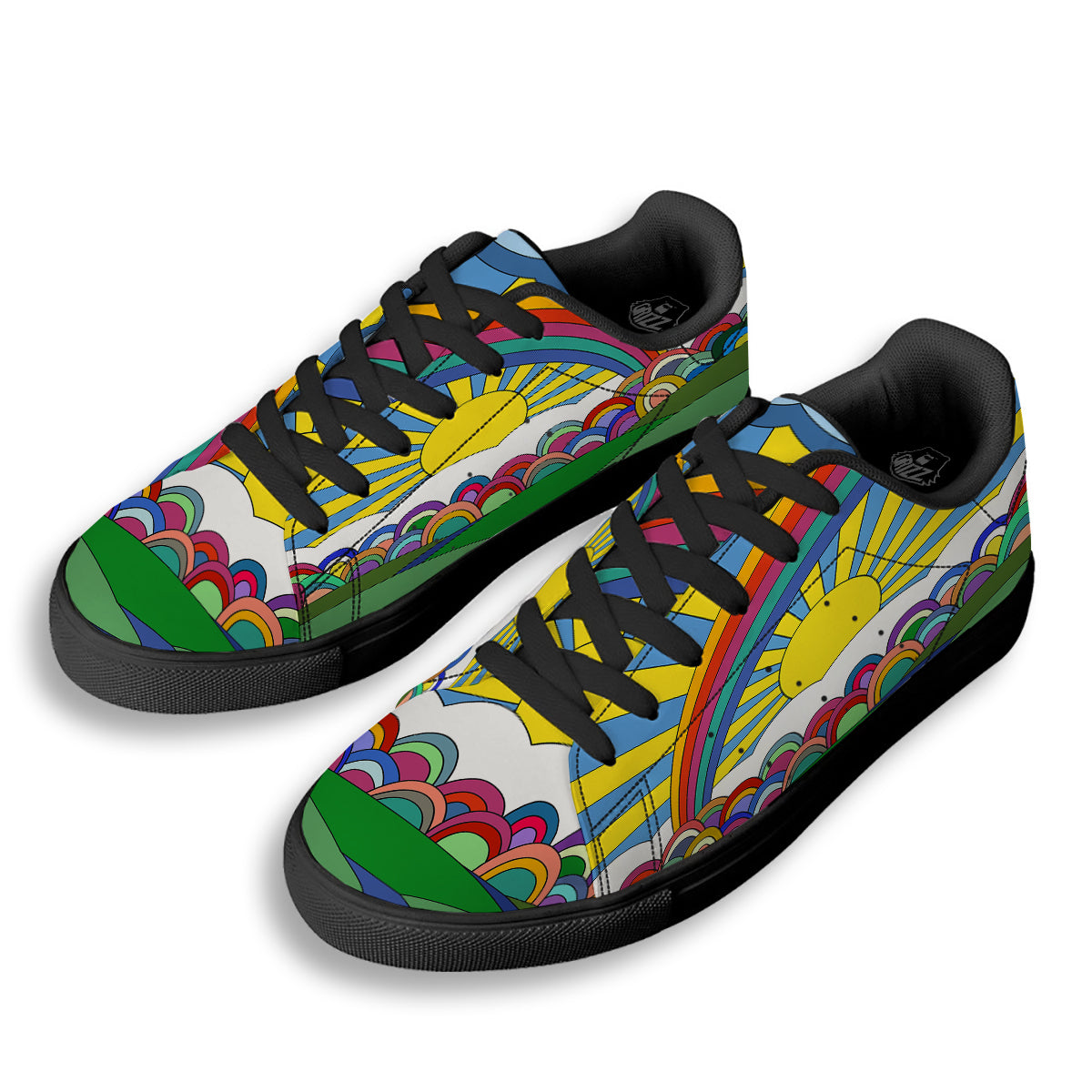Clouds Rainbows Hippie Art Print Black Low Top Sneakers-grizzshop