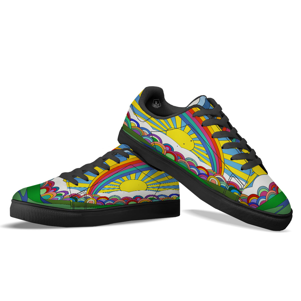 Clouds Rainbows Hippie Art Print Black Low Top Sneakers-grizzshop