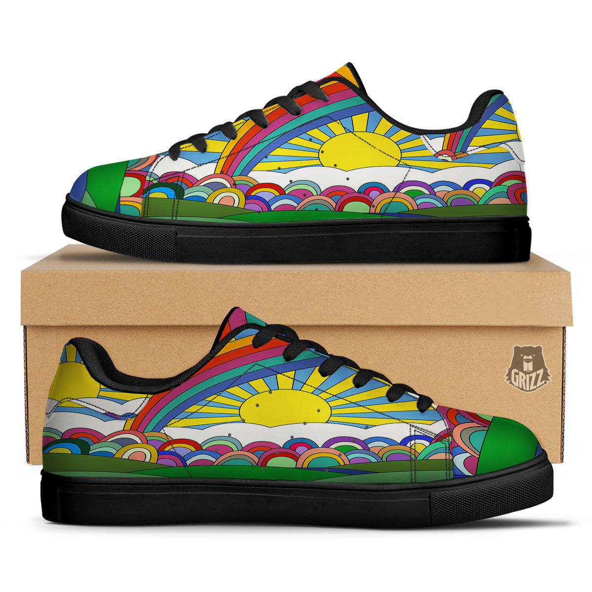 Clouds Rainbows Hippie Art Print Black Low Top Sneakers-grizzshop