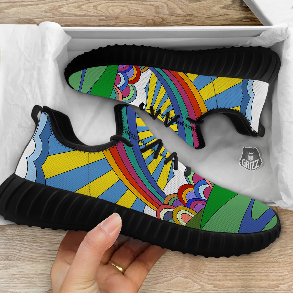 Clouds Rainbows Hippie Art Print Black Walking Shoes-grizzshop
