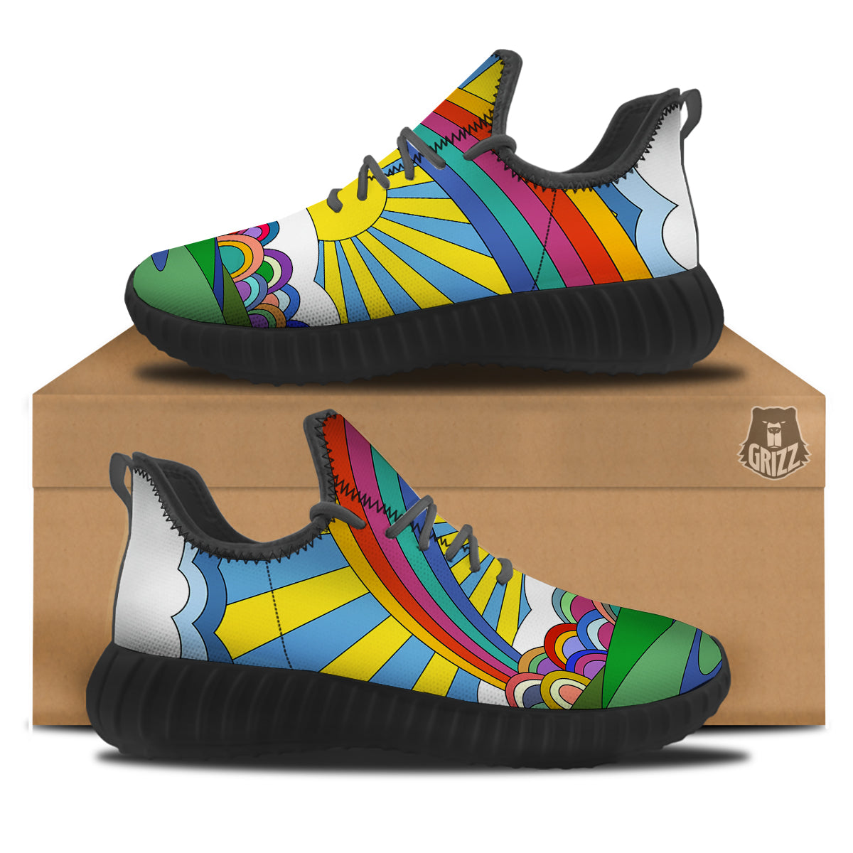 Clouds Rainbows Hippie Art Print Black Walking Shoes-grizzshop
