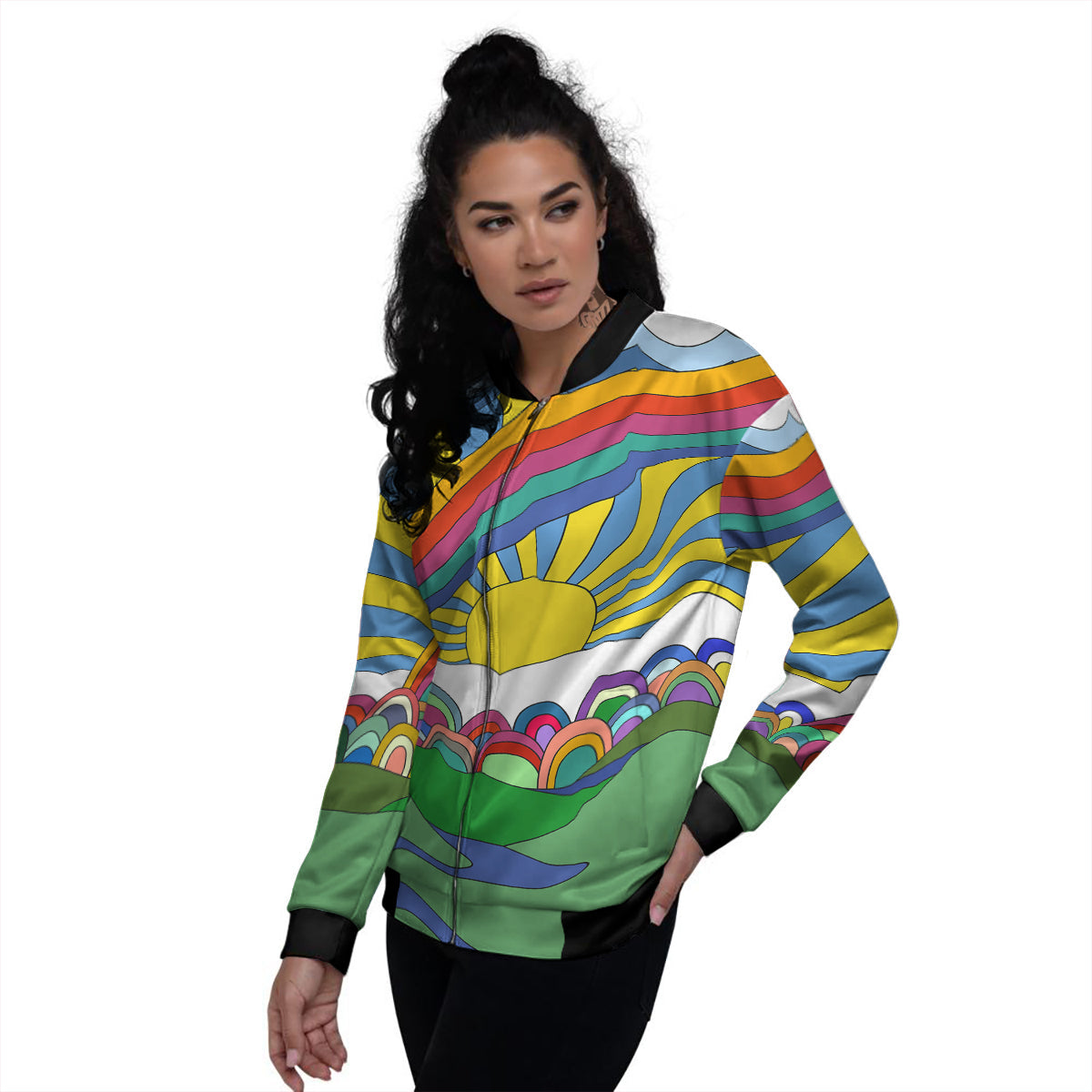 Clouds Rainbows Hippie Art Print Women's Bomber Jacket-grizzshop