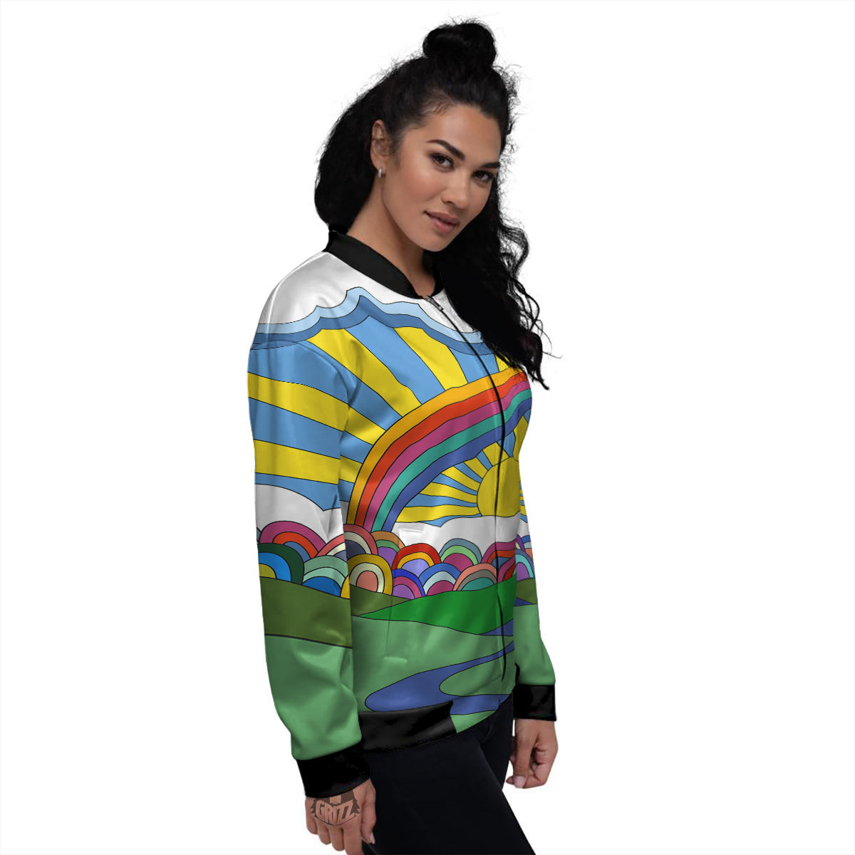 Clouds Rainbows Hippie Art Print Women's Bomber Jacket-grizzshop