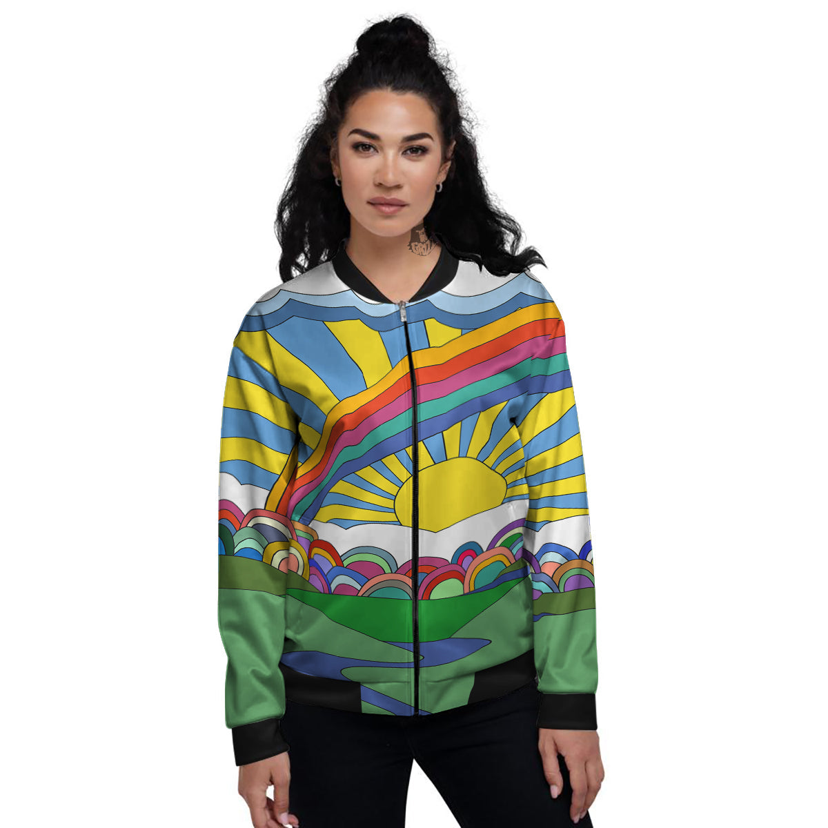 Clouds Rainbows Hippie Art Print Women's Bomber Jacket-grizzshop