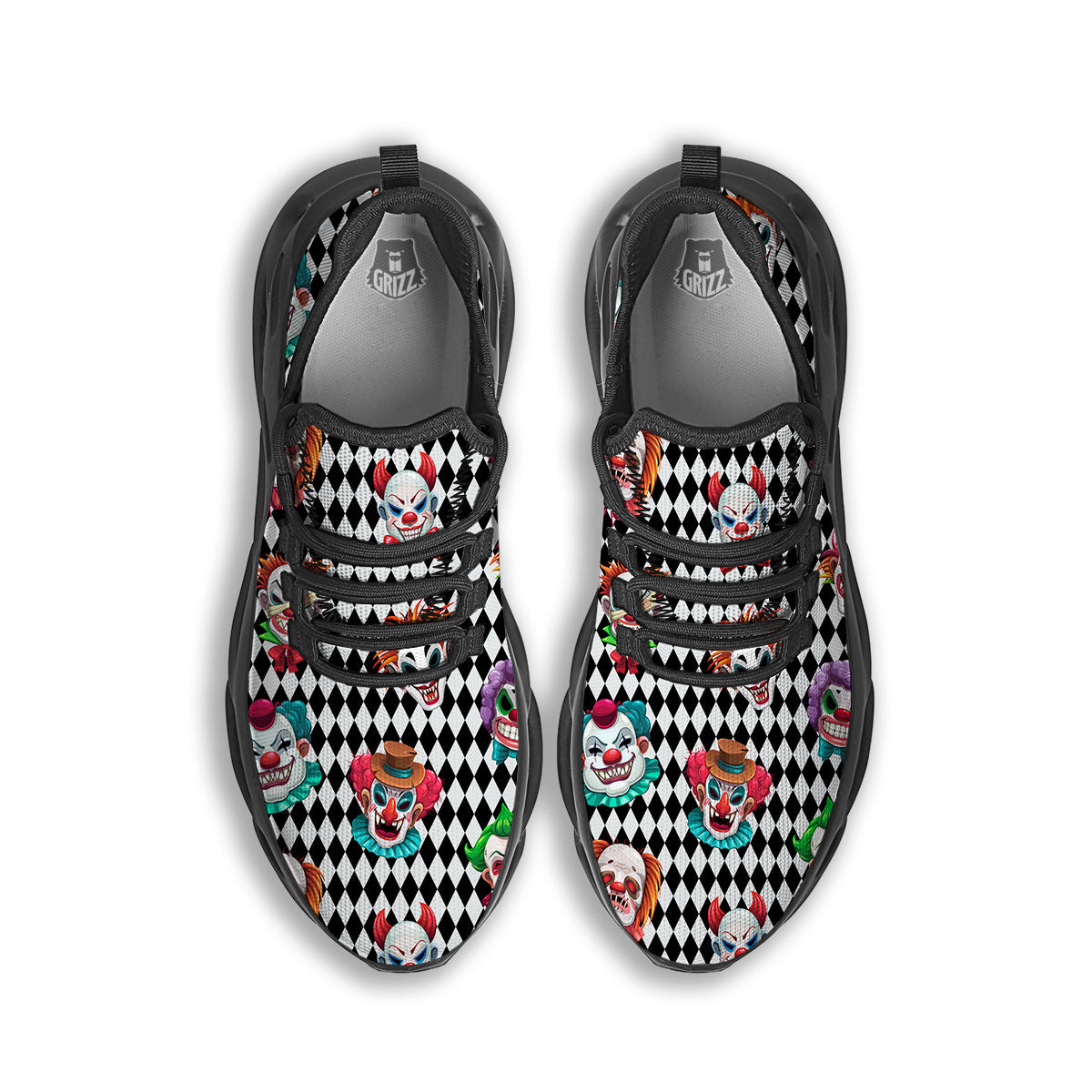 Clown Faces And Harlequin Black Print Pattern Black Running Shoes-grizzshop