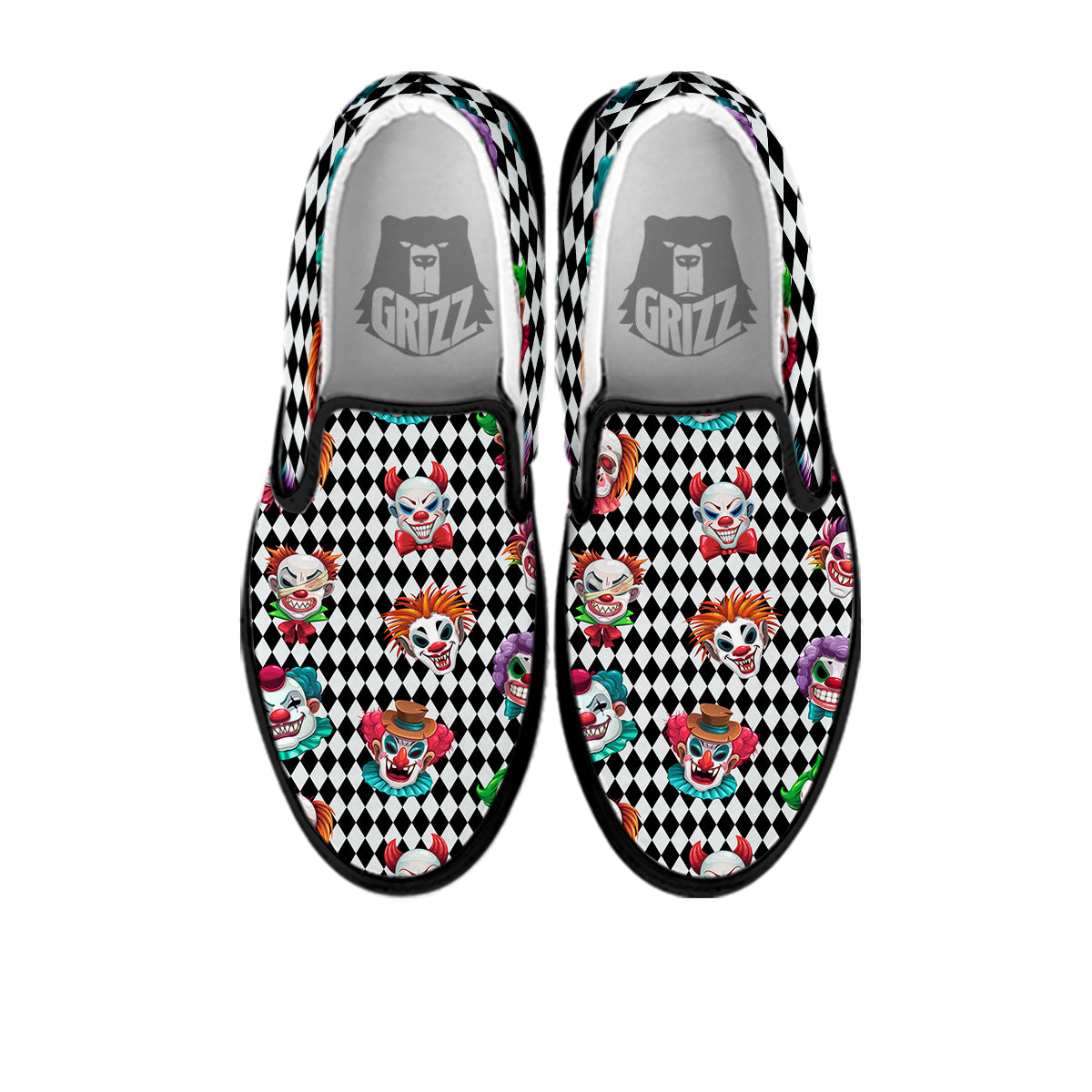 Clown Faces And Harlequin Black Print Pattern Black Slip On Shoes-grizzshop