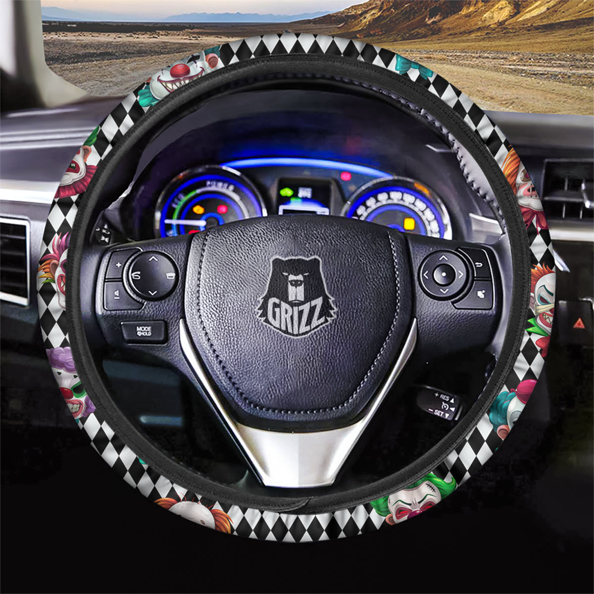 Clown Faces And Harlequin Black Print Pattern Car Steering Wheel Cover-grizzshop