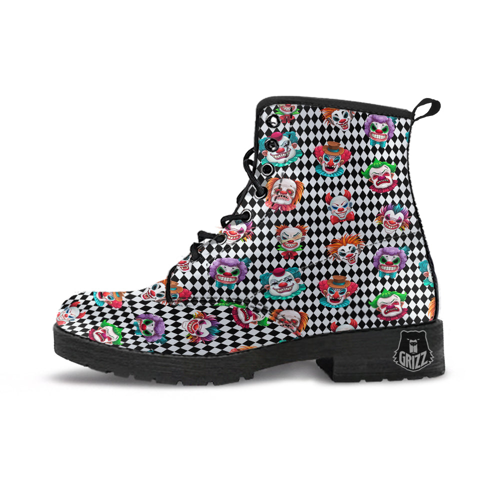 Clown Faces And Harlequin Black Print Pattern Leather Boots-grizzshop