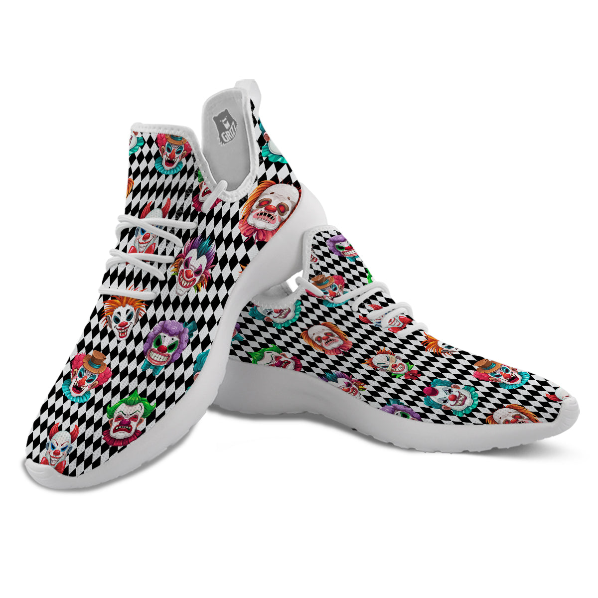 Clown Faces And Harlequin Black Print Pattern White Athletic Shoes-grizzshop