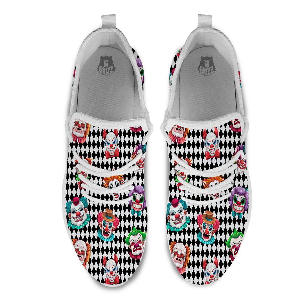 Clown Faces And Harlequin Black Print Pattern White Athletic Shoes-grizzshop