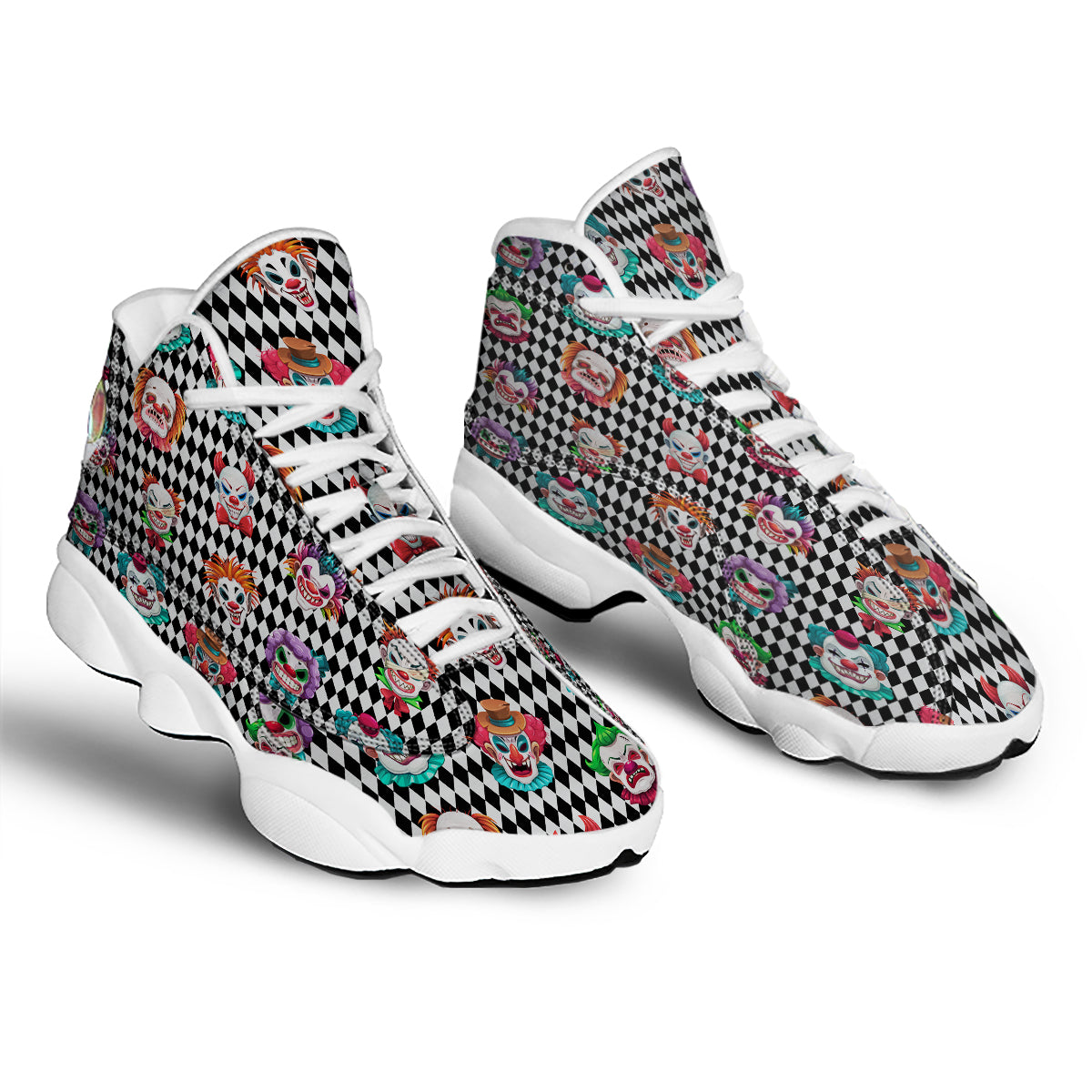 Clown Faces And Harlequin Black Print Pattern White Basketball Shoes-grizzshop
