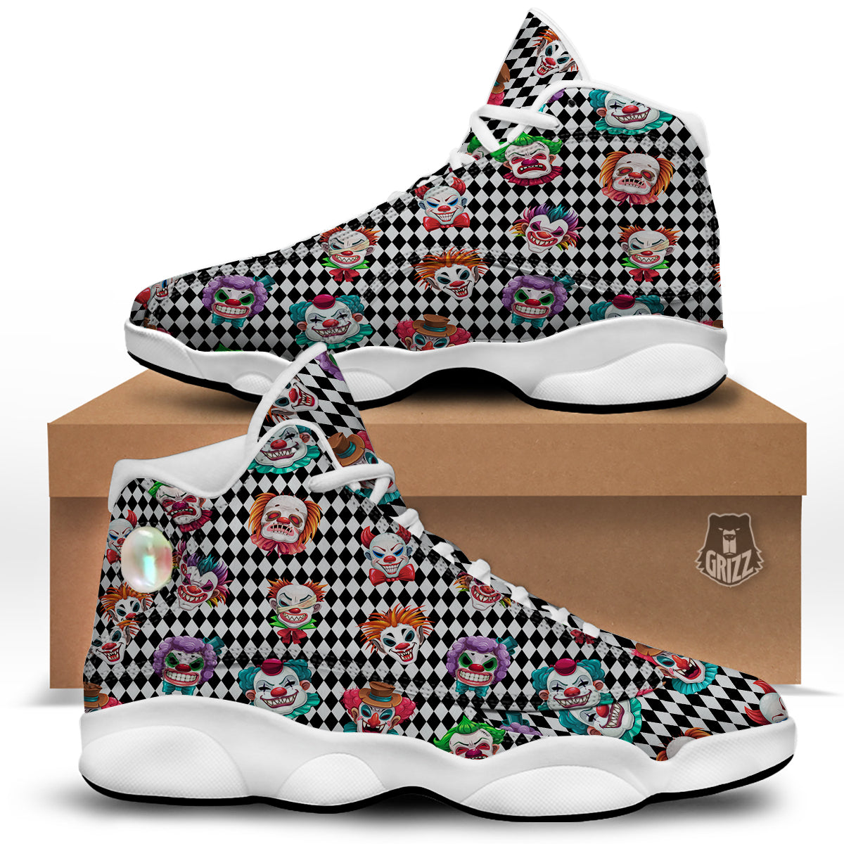 Clown Faces And Harlequin Black Print Pattern White Basketball Shoes-grizzshop