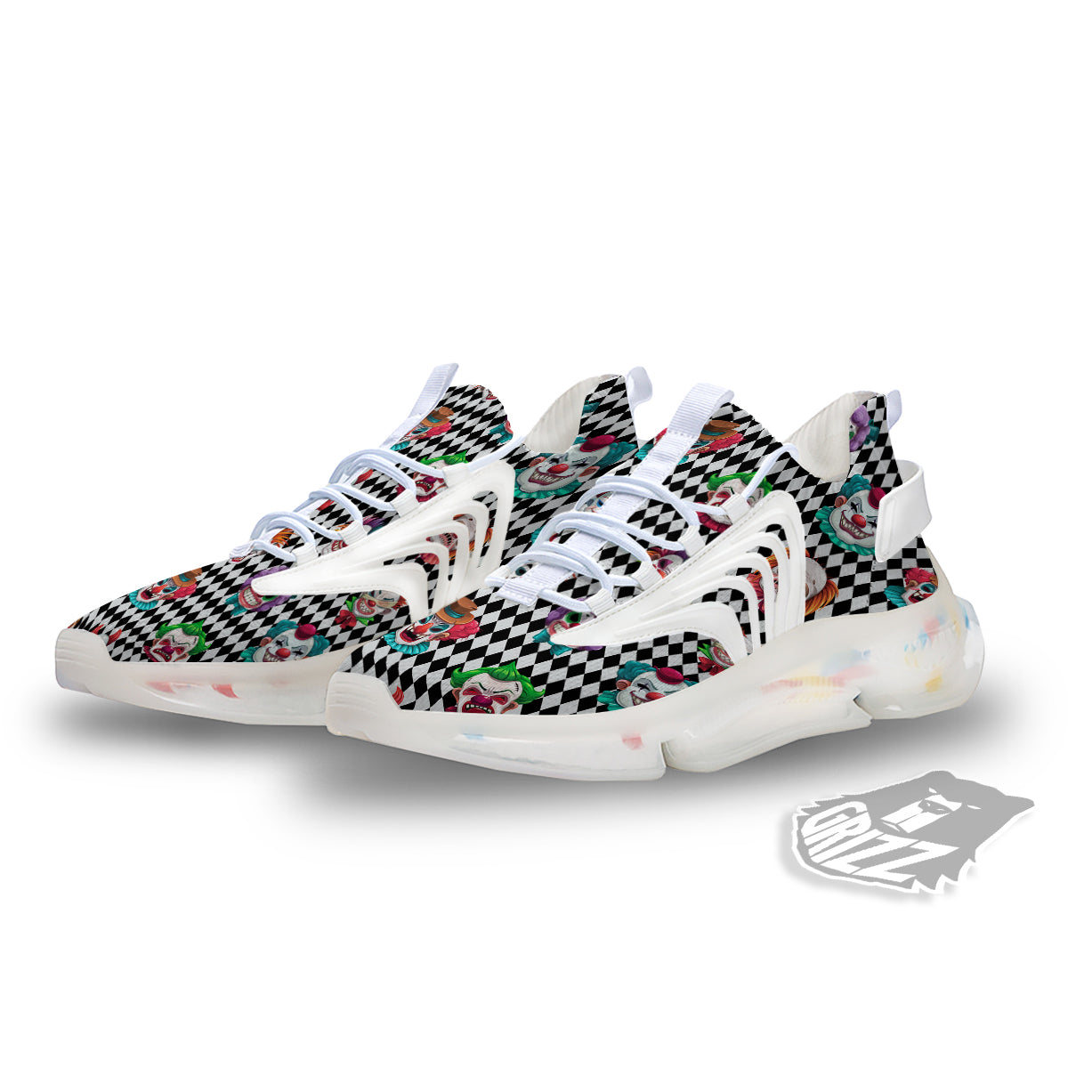 Clown Faces And Harlequin Black Print Pattern White Gym Shoes-grizzshop