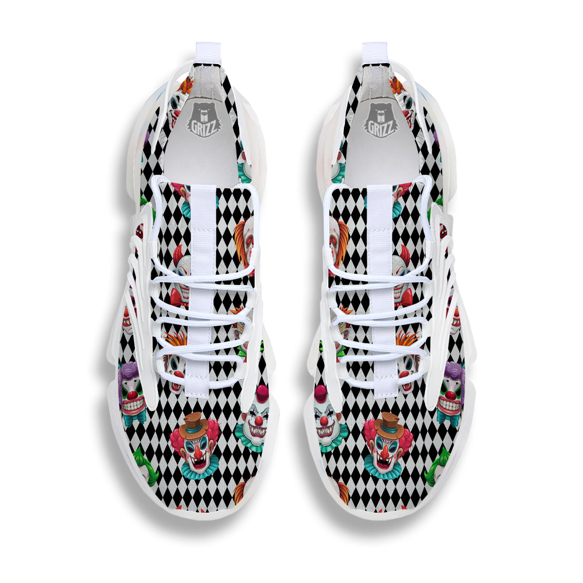 Clown Faces And Harlequin Black Print Pattern White Gym Shoes-grizzshop