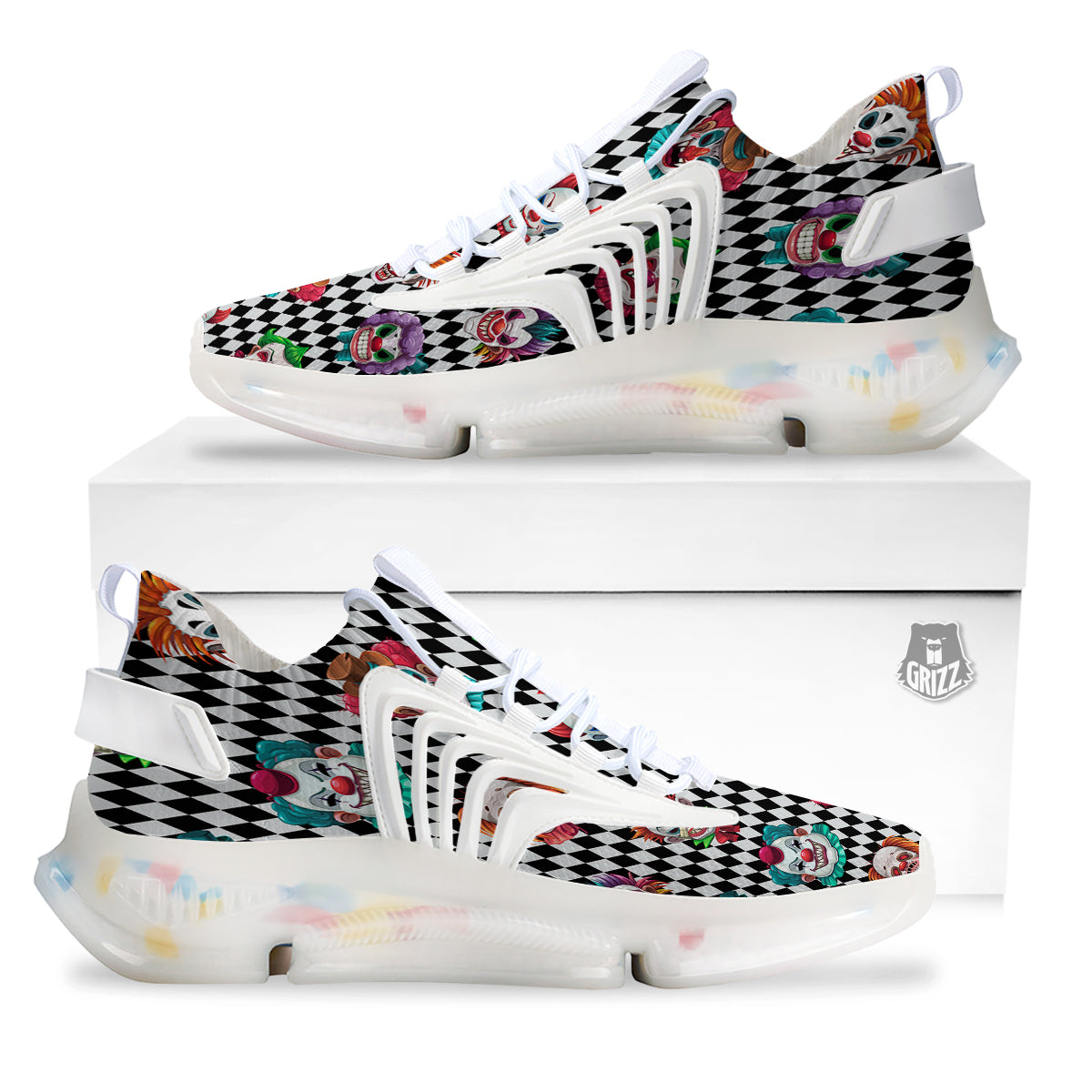 Clown Faces And Harlequin Black Print Pattern White Gym Shoes-grizzshop