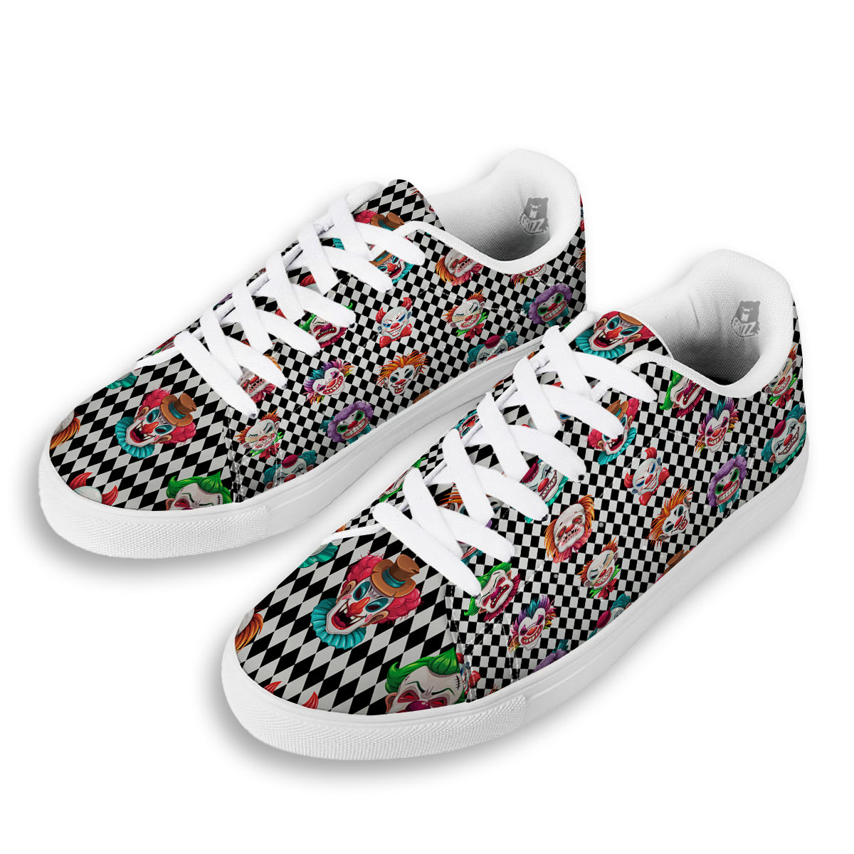 Clown Faces And Harlequin Black Print Pattern White Low Top Sneakers-grizzshop