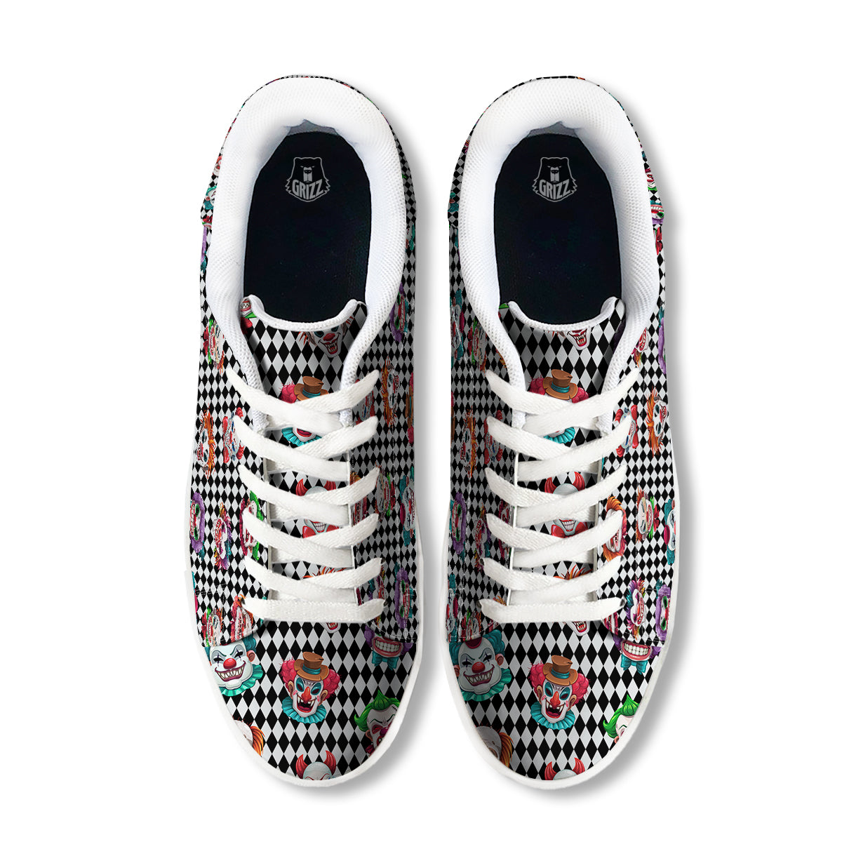 Clown Faces And Harlequin Black Print Pattern White Low Top Sneakers-grizzshop