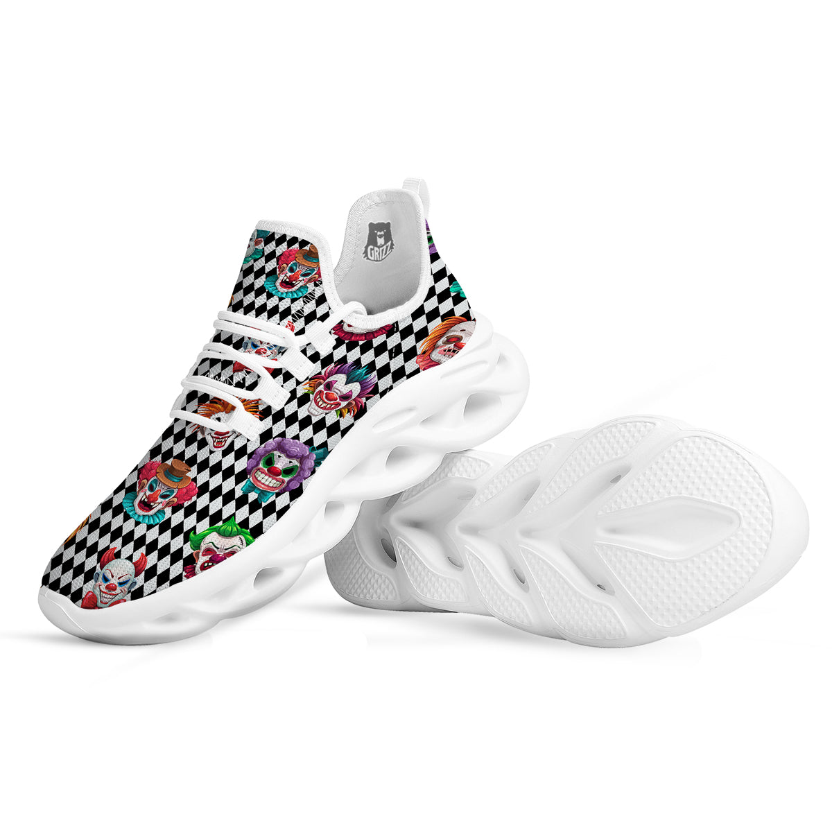 Clown Faces And Harlequin Black Print Pattern White Running Shoes-grizzshop