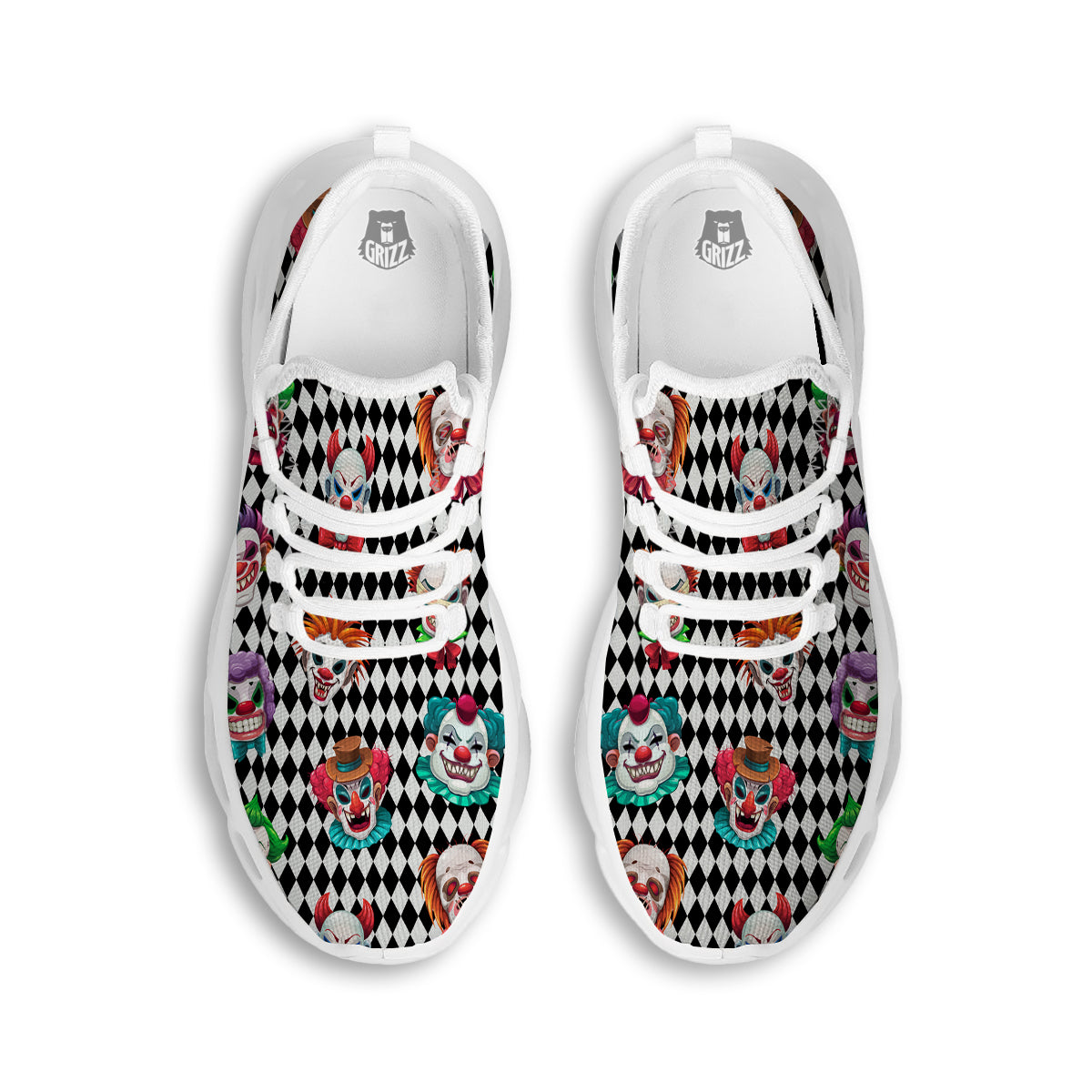 Clown Faces And Harlequin Black Print Pattern White Running Shoes-grizzshop