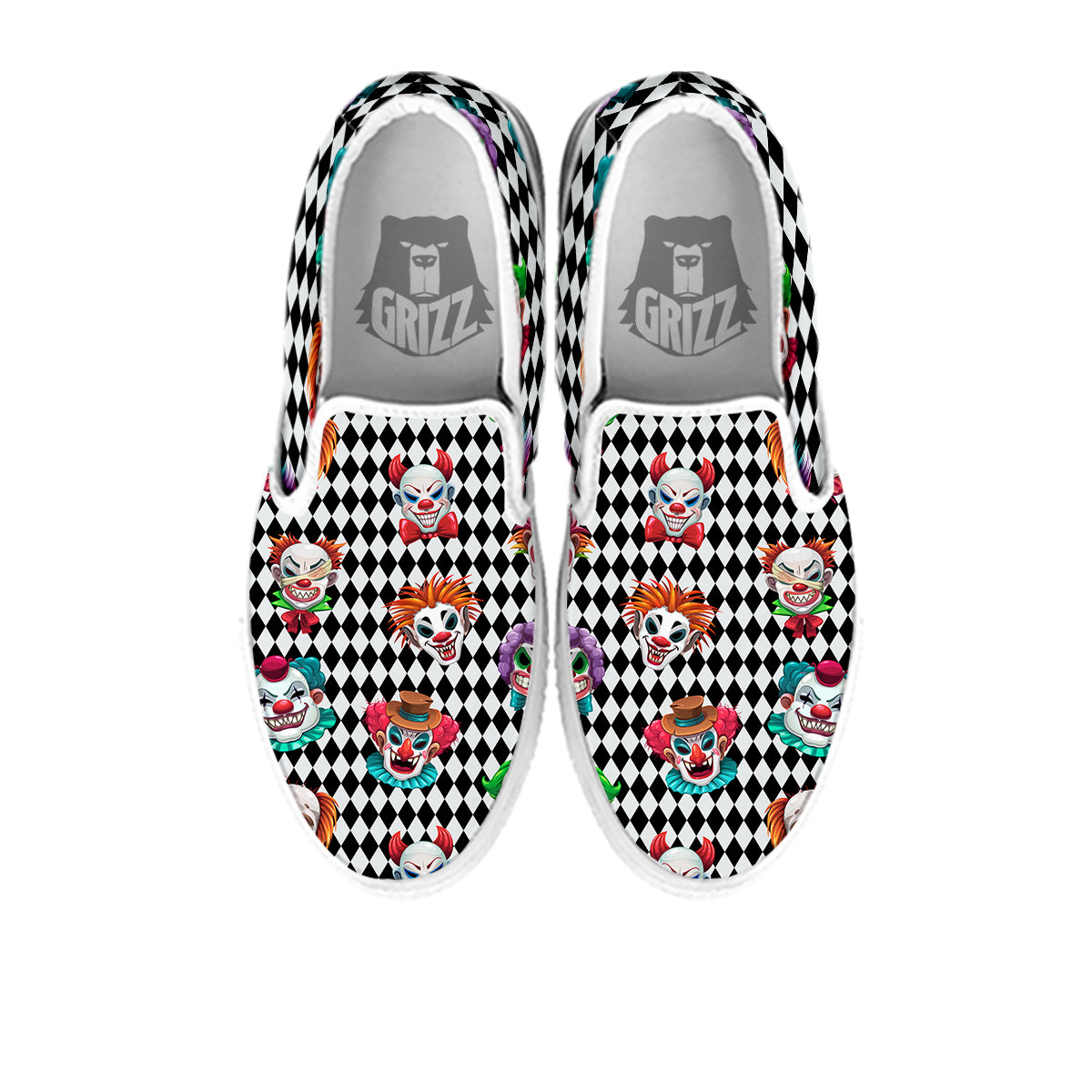 Clown Faces And Harlequin Black Print Pattern White Slip On Shoes-grizzshop