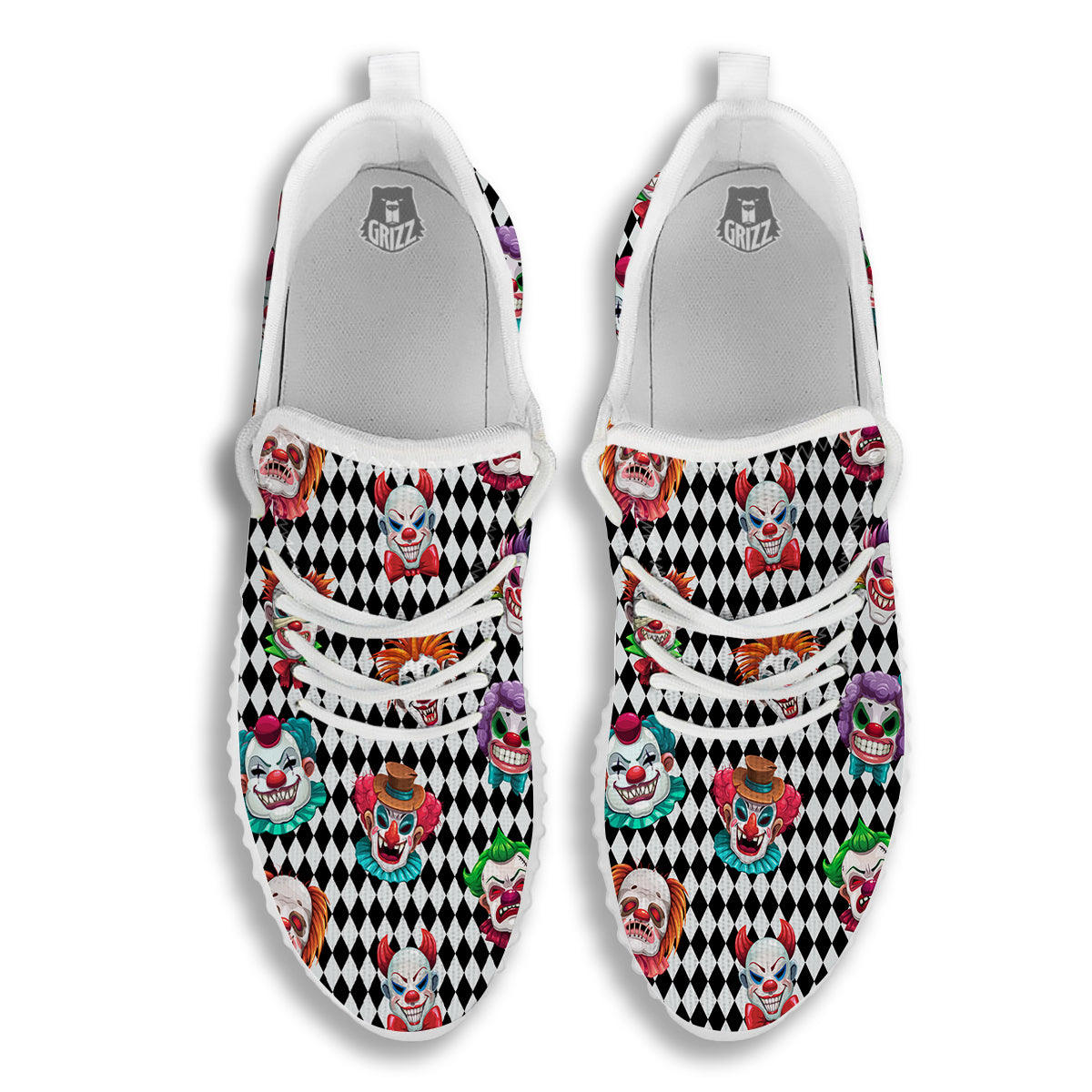Clown Faces And Harlequin Black Print Pattern White Walking Shoes-grizzshop