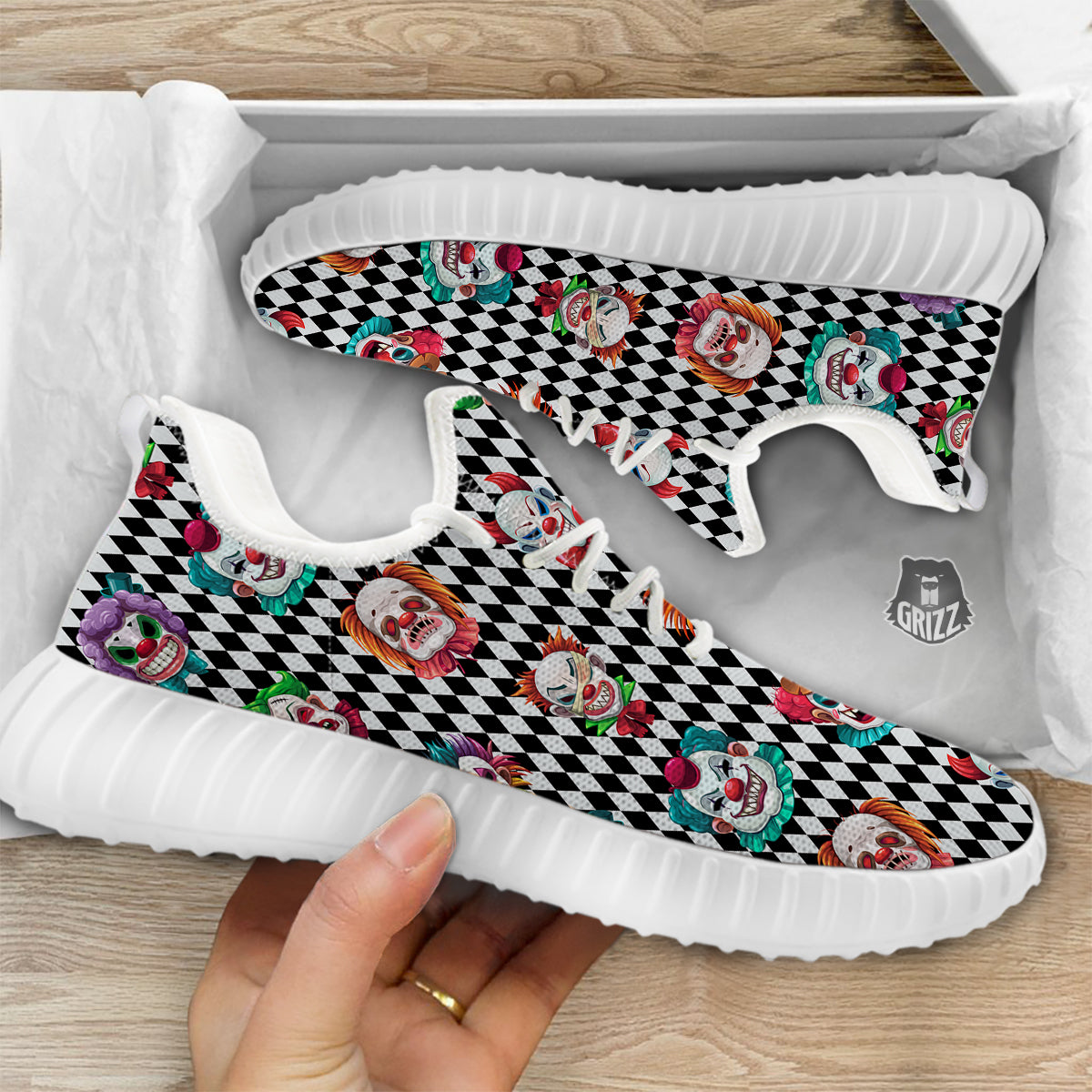 Clown Faces And Harlequin Black Print Pattern White Walking Shoes-grizzshop