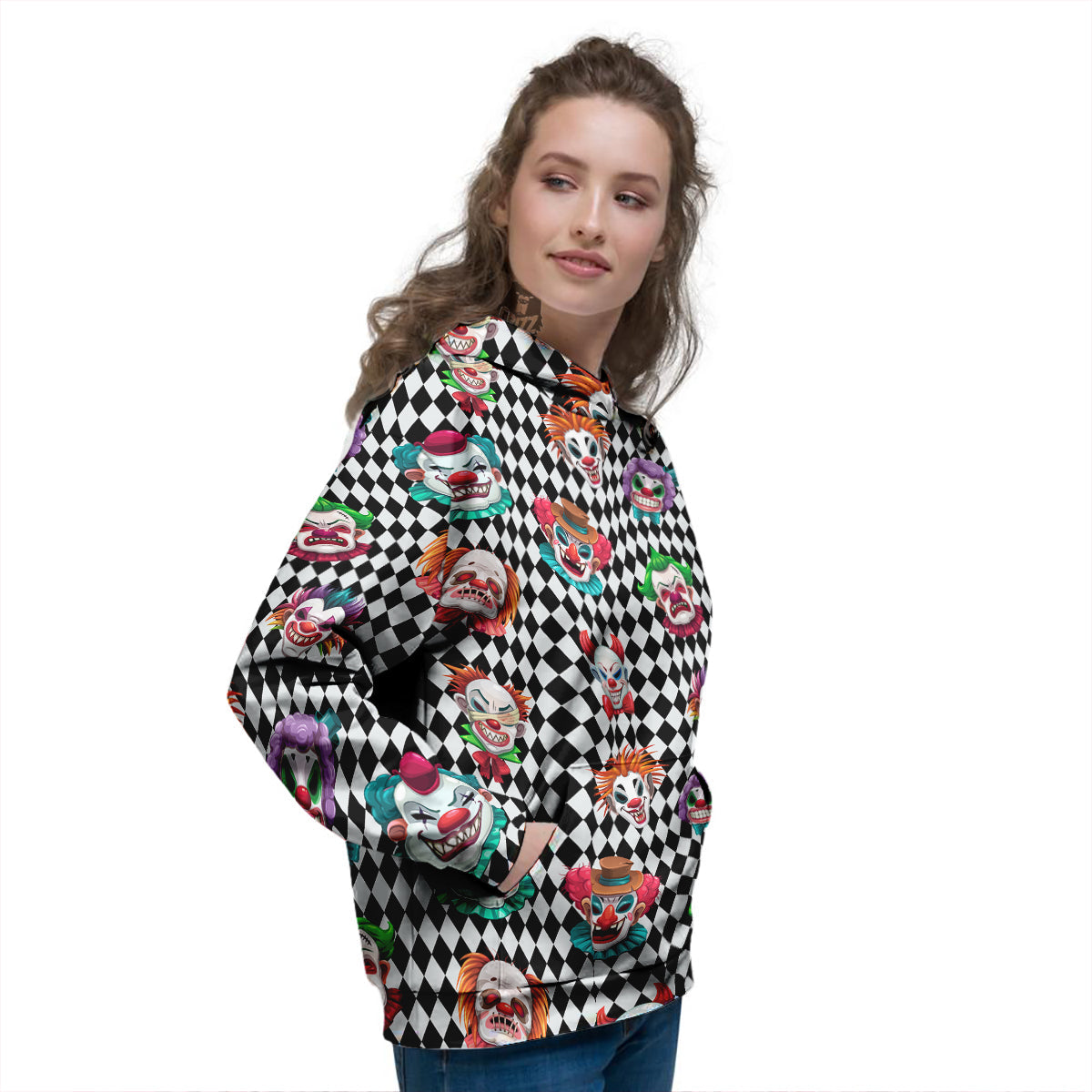 Clown Faces And Harlequin Black Print Pattern Women's Hoodie-grizzshop