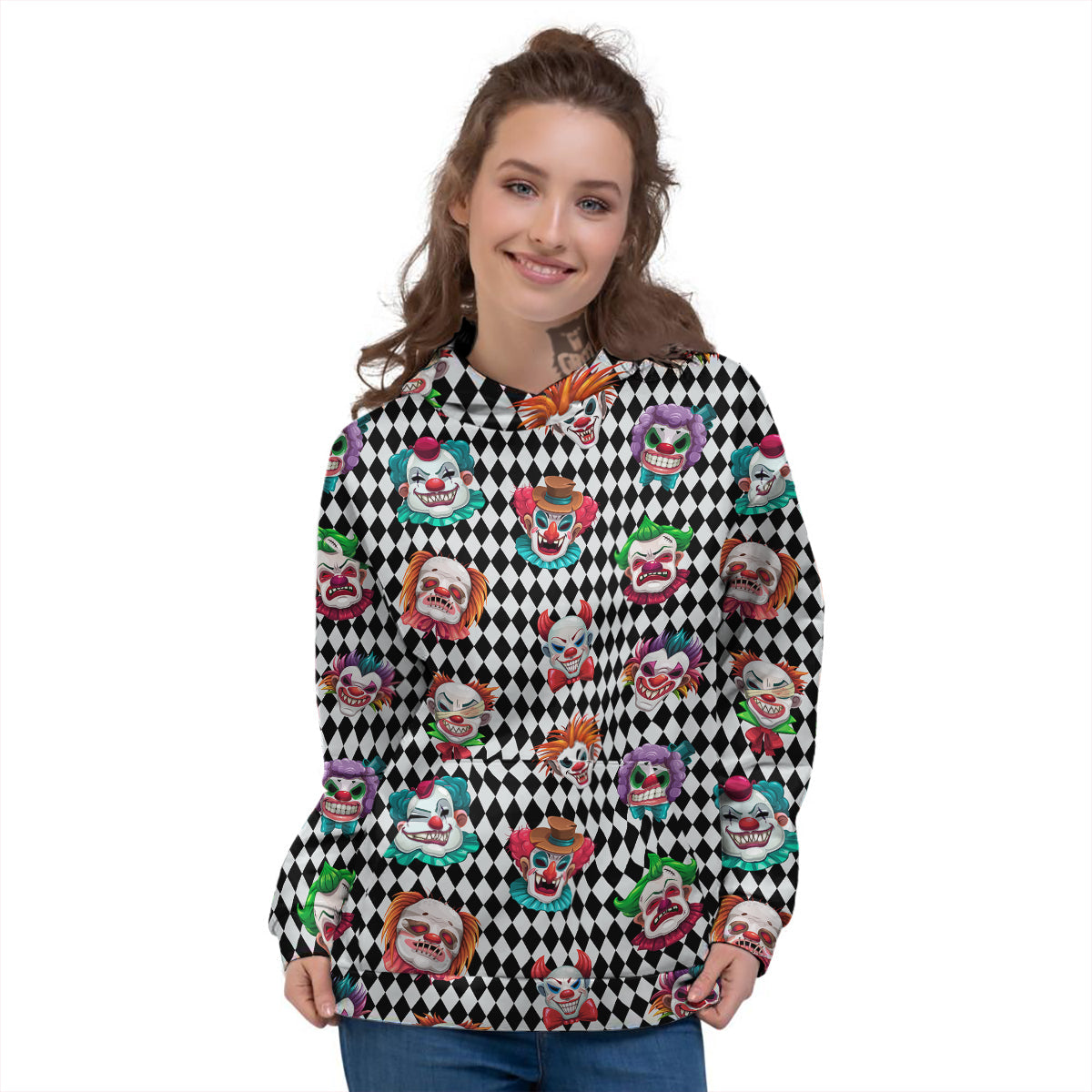 Clown Faces And Harlequin Black Print Pattern Women's Hoodie-grizzshop