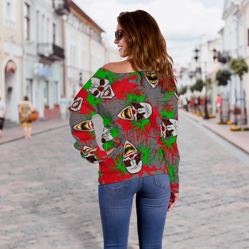 Clown Scary Pattern Print Women Off Shoulder Sweatshirt-grizzshop
