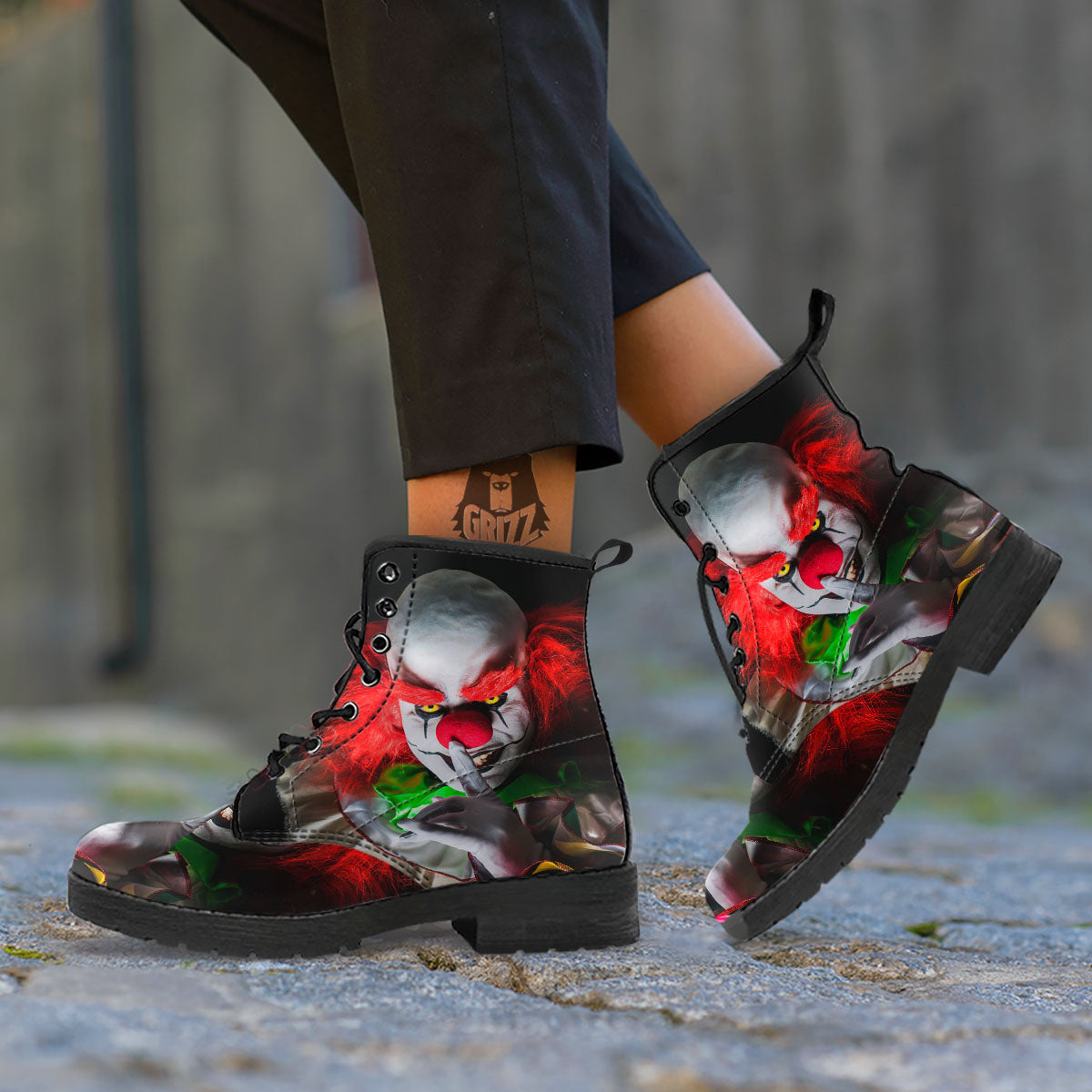Clown Scary Print Leather Boots-grizzshop