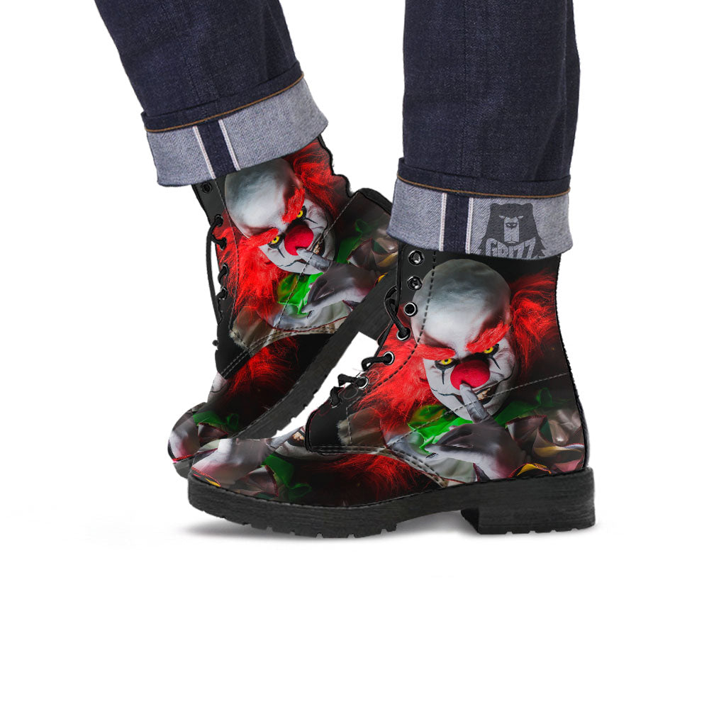 Clown Scary Print Leather Boots-grizzshop