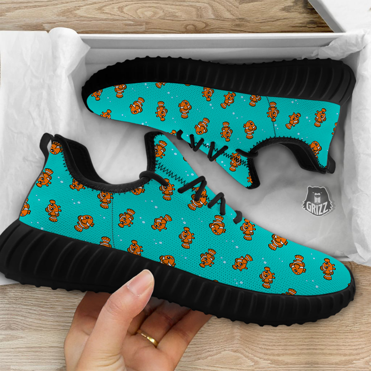Clownfish Cute Watercolor Blue Print Pattern Black Walking Shoes-grizzshop