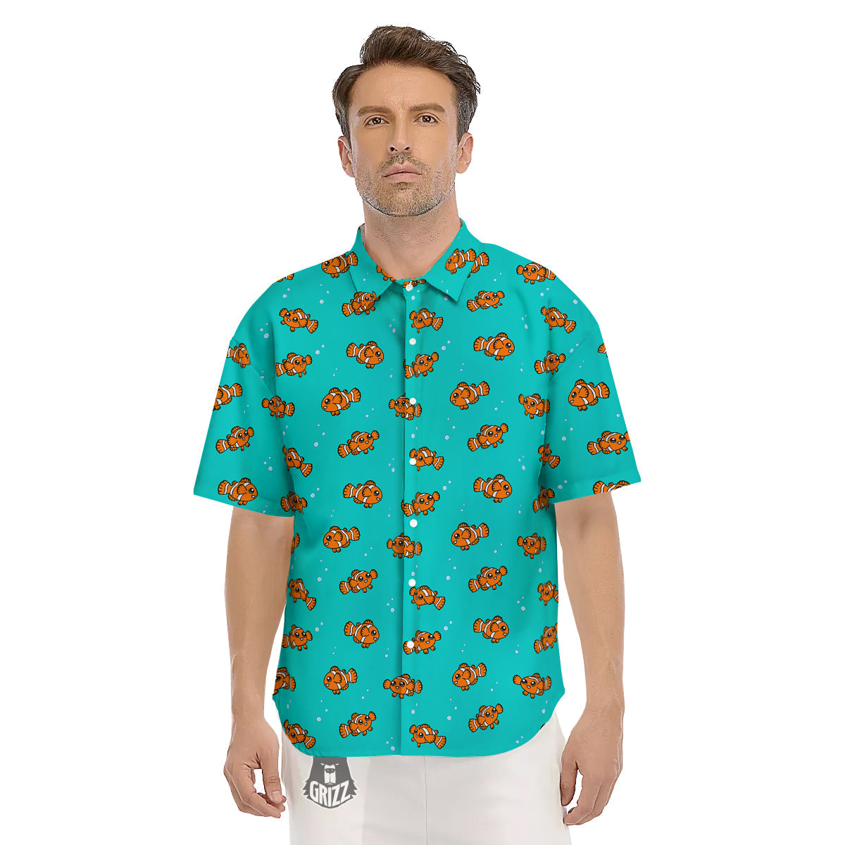Clownfish Cute Watercolor Blue Print Pattern Men's Short Sleeve Shirts-grizzshop