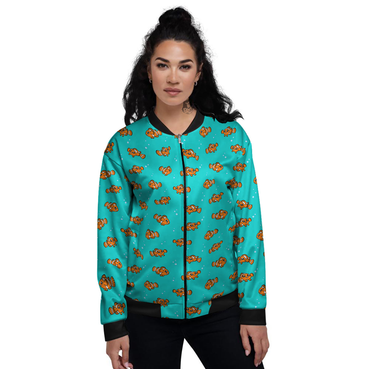 Clownfish Cute Watercolor Blue Print Pattern Women's Bomber Jacket-grizzshop