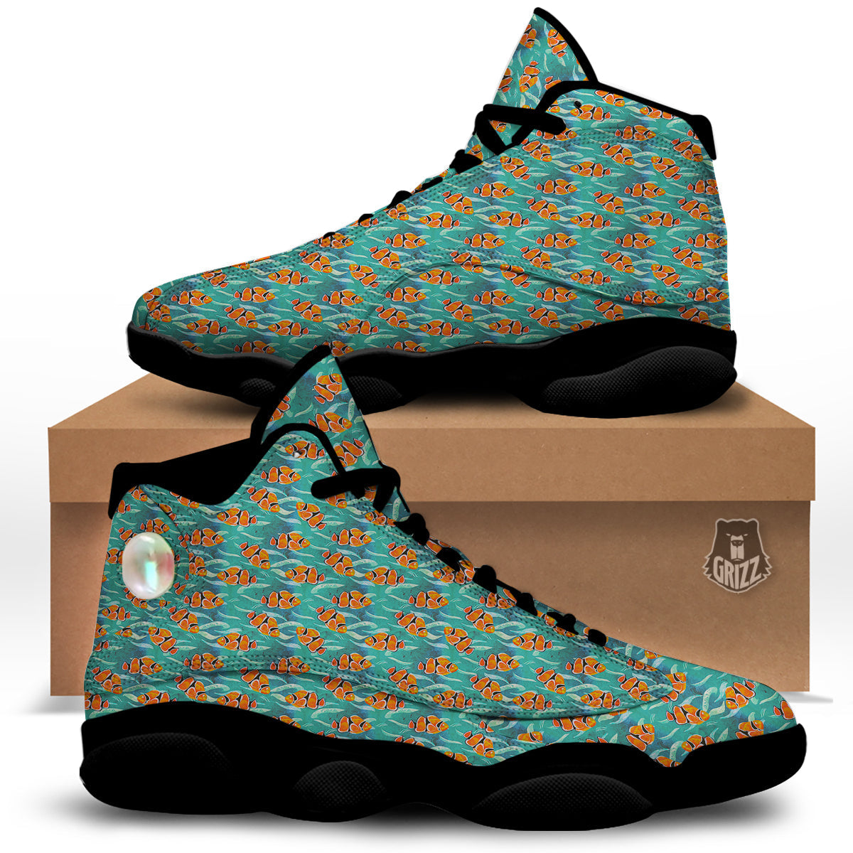 Clownfish Watercolor Blue Print Pattern Black Basketball Shoes-grizzshop