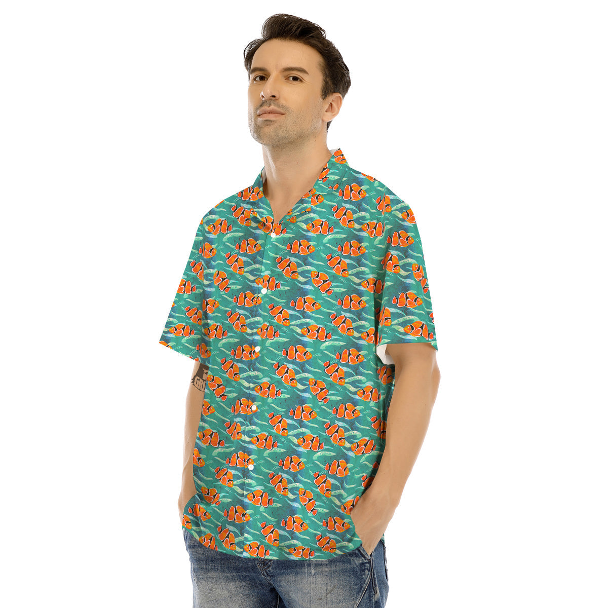 Clownfish Watercolor Blue Print Pattern Men's Hawaiian Shirt-grizzshop