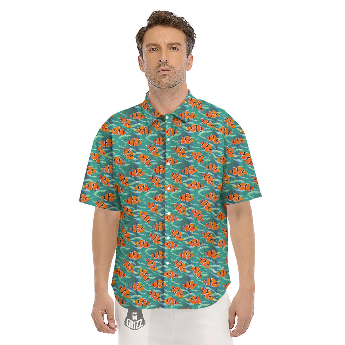 Clownfish Watercolor Blue Print Pattern Men's Short Sleeve Shirts-grizzshop