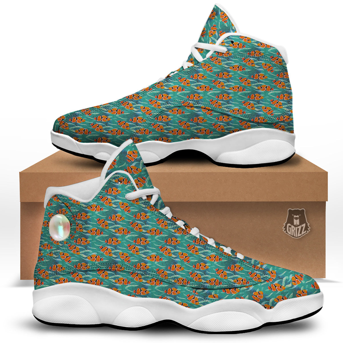 Clownfish Watercolor Blue Print Pattern White Basketball Shoes-grizzshop