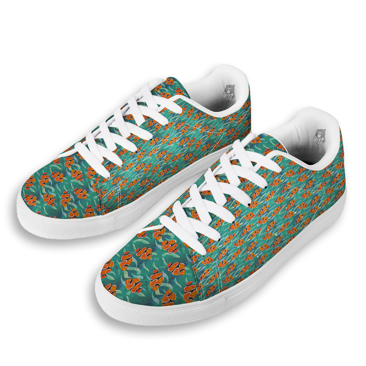 Clownfish Watercolor Blue Print Pattern White Low Top Sneakers-grizzshop