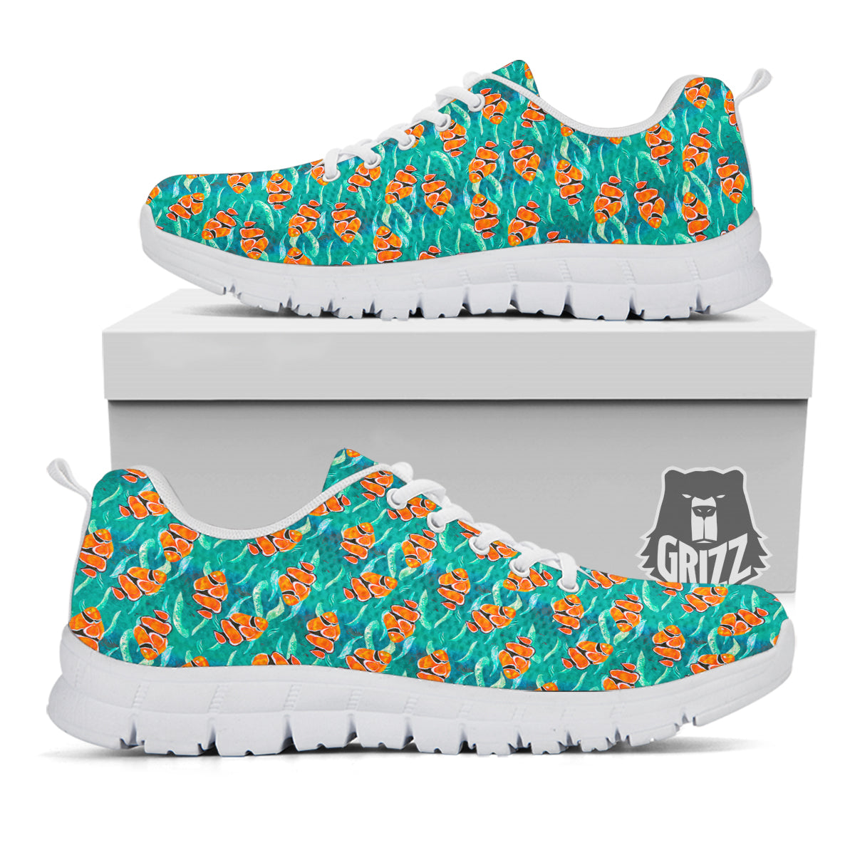 Clownfish Watercolor Blue Print Pattern White Sneaker-grizzshop