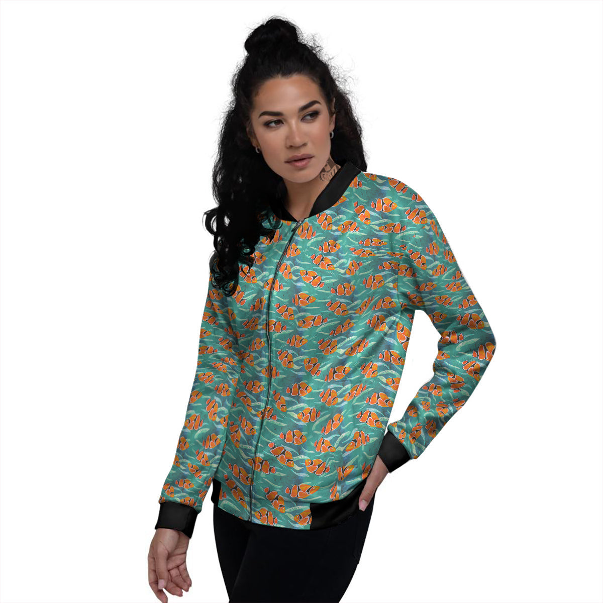 Clownfish Watercolor Blue Print Pattern Women's Bomber Jacket-grizzshop