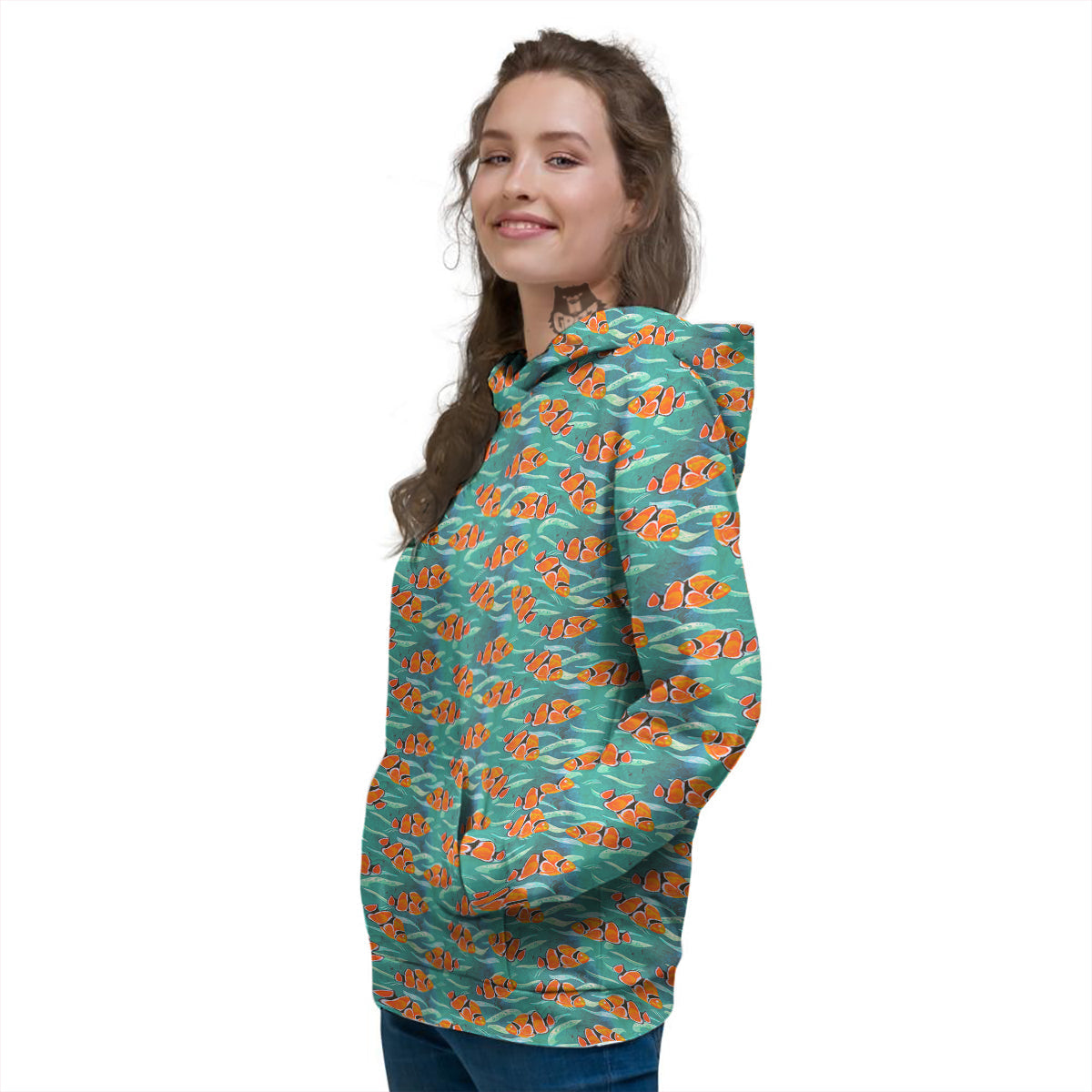 Clownfish Watercolor Blue Print Pattern Women's Hoodie-grizzshop