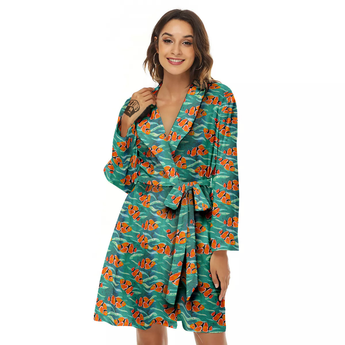 Clownfish Watercolor Blue Print Pattern Women's Robe-grizzshop