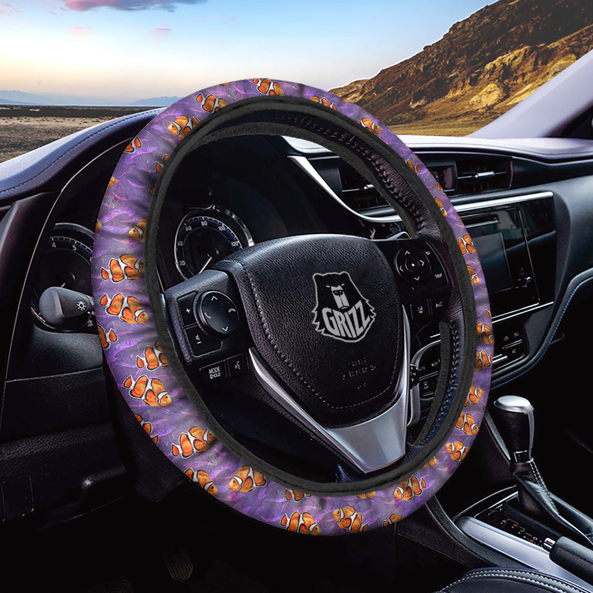 Clownfish Watercolor Purple Print Pattern Car Steering Wheel Cover-grizzshop