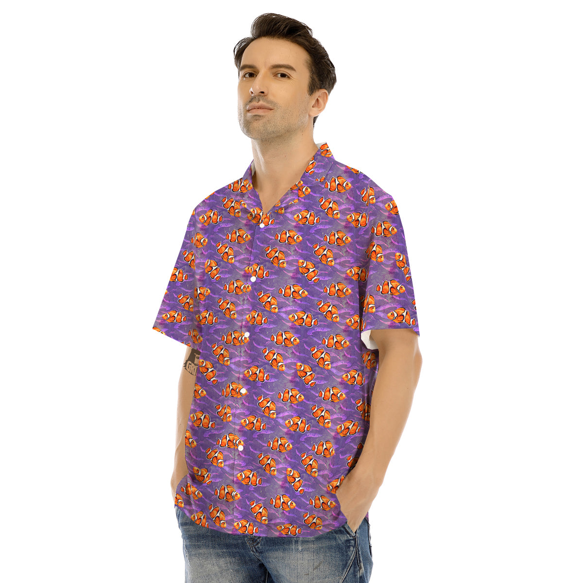 Clownfish Watercolor Purple Print Pattern Men's Hawaiian Shirt-grizzshop