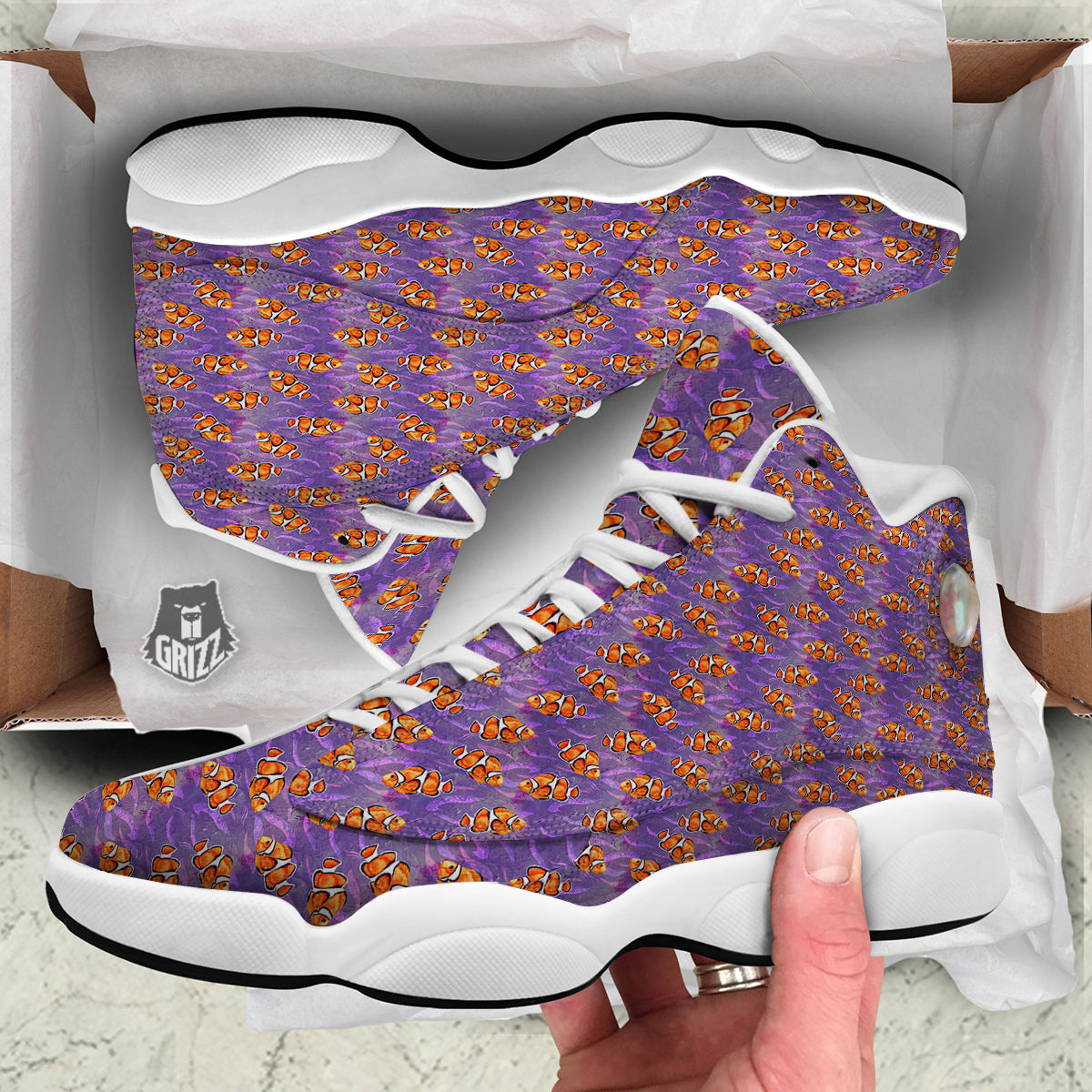 Clownfish Watercolor Purple Print Pattern White Basketball Shoes-grizzshop