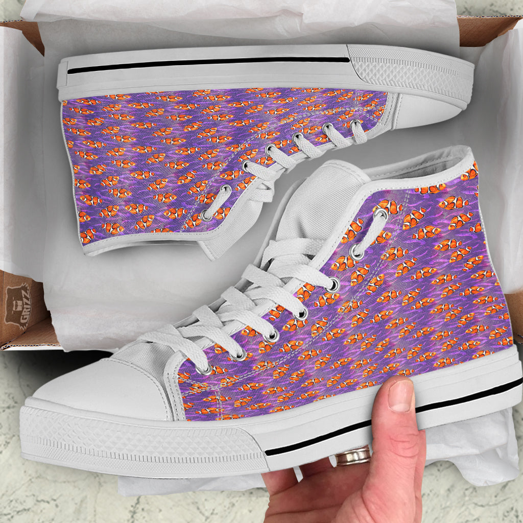 Clownfish Watercolor Purple Print Pattern White High Top Shoes-grizzshop