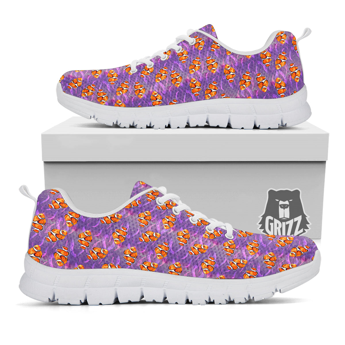 Clownfish Watercolor Purple Print Pattern White Sneaker-grizzshop