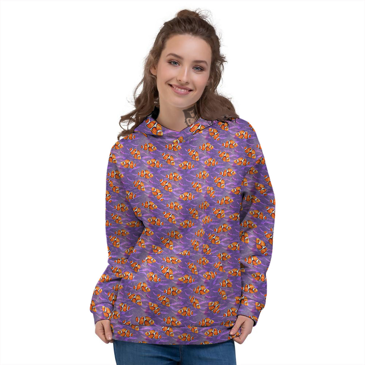 Clownfish Watercolor Purple Print Pattern Women's Hoodie-grizzshop