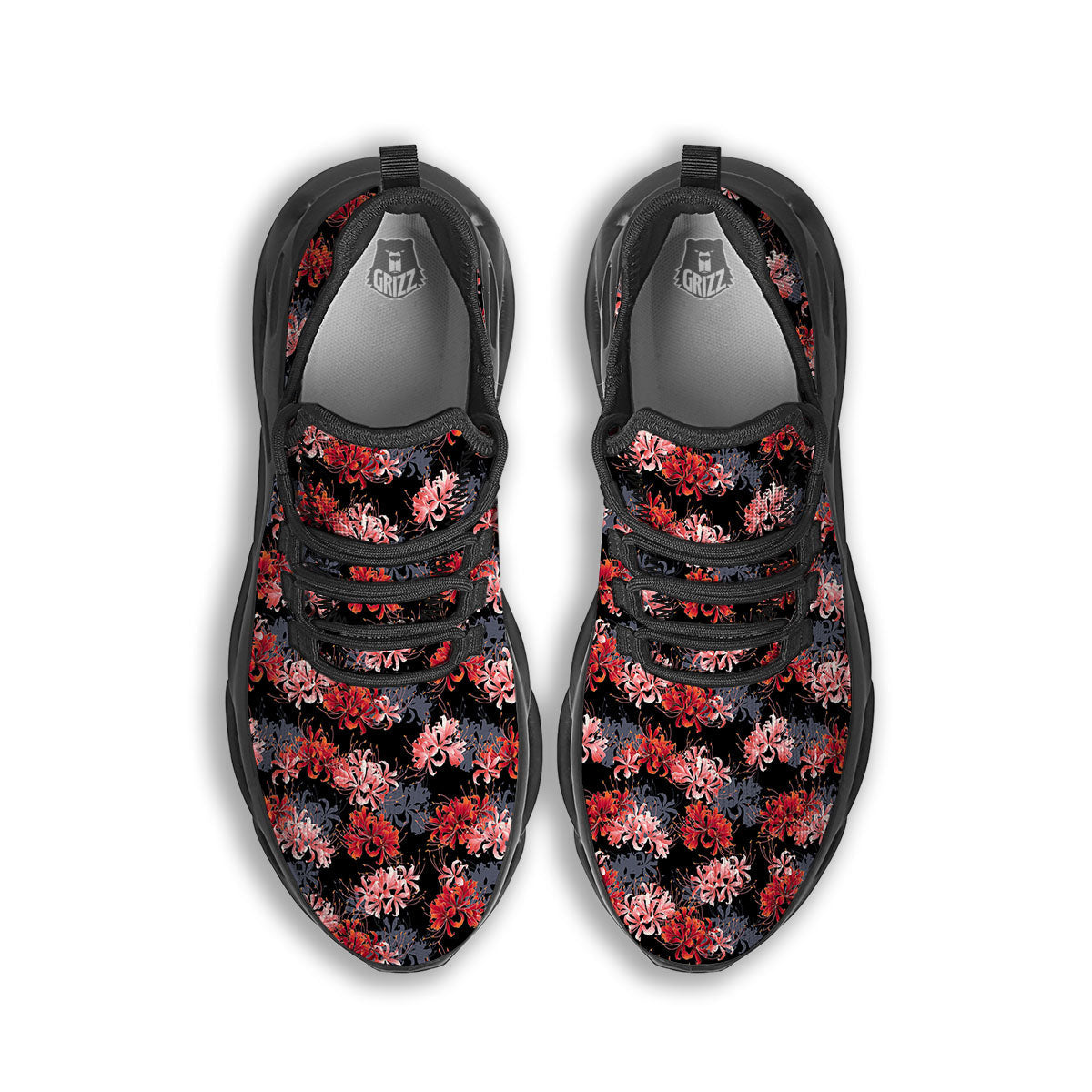 Cluster Amaryllis Japanese Print Pattern Black Running Shoes-grizzshop